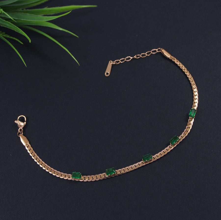 Stainless Steel Rosegold Plated Link Chain Emerald Bracelet