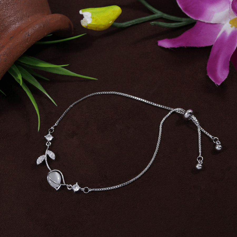 Korean Silver Plated Floral Leaf Design CZ Adjustable Bracelet