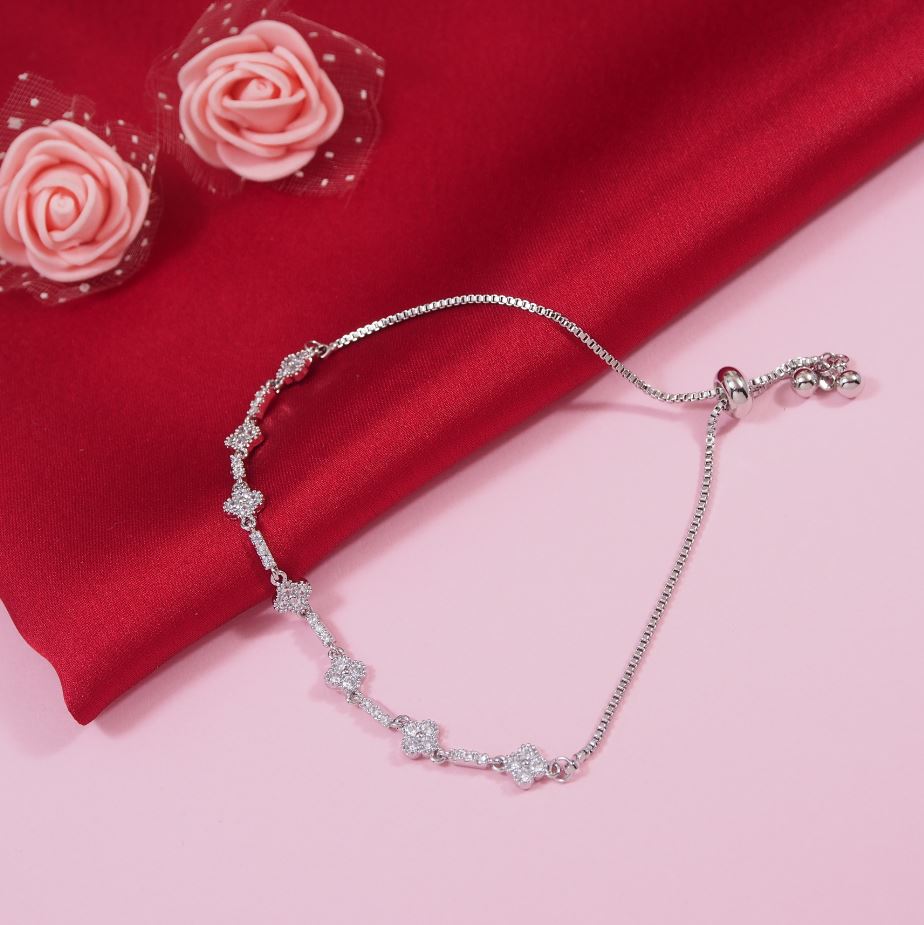 Korean Silver Plated Clover Design CZ Adjustable Bracelet