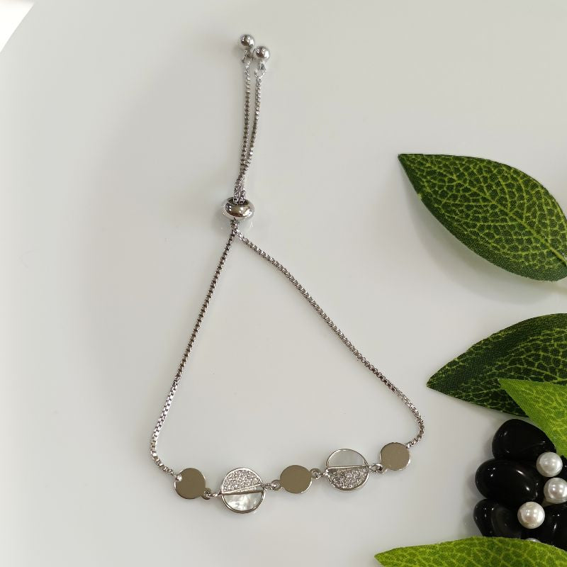 Korean Silver Plated Half Cubic Zicronia and White Shell Adjustable Bracelet