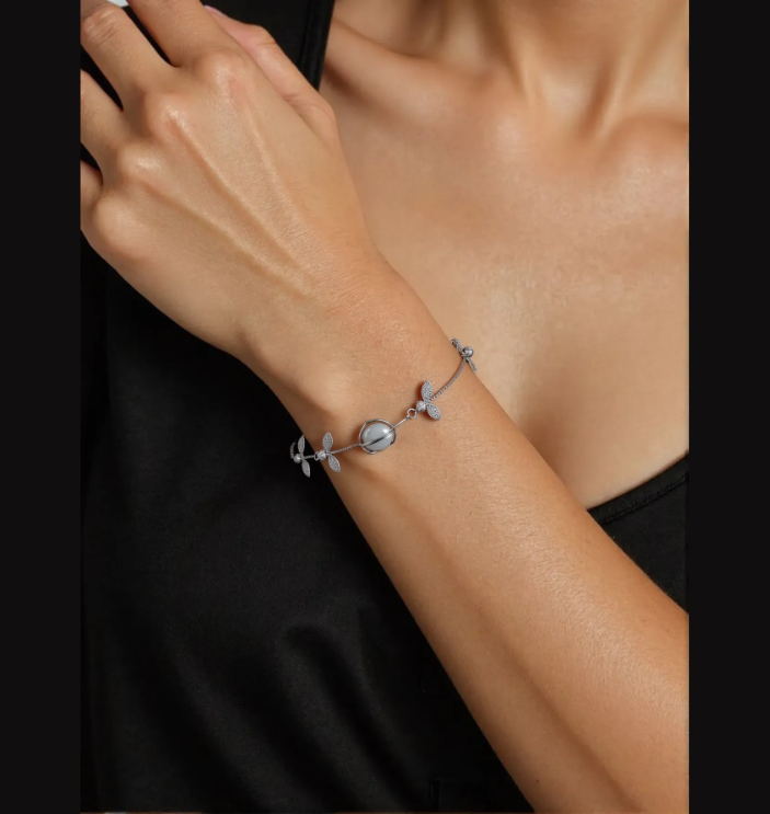 Korean Silver Plated Floral Leaf Design CZ Adjustable Bracelet