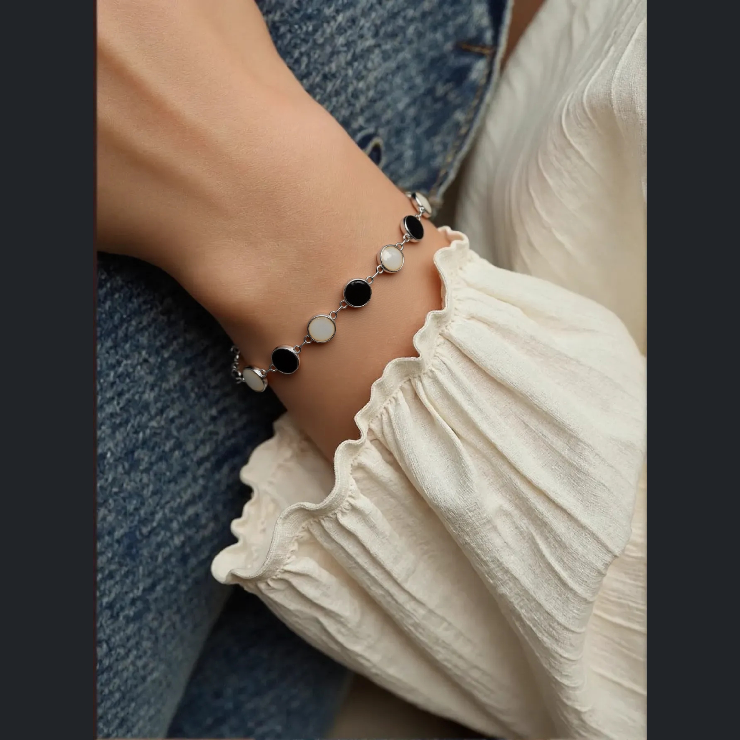 Stainless Steel Silver Plated White Black Disc Bracelet