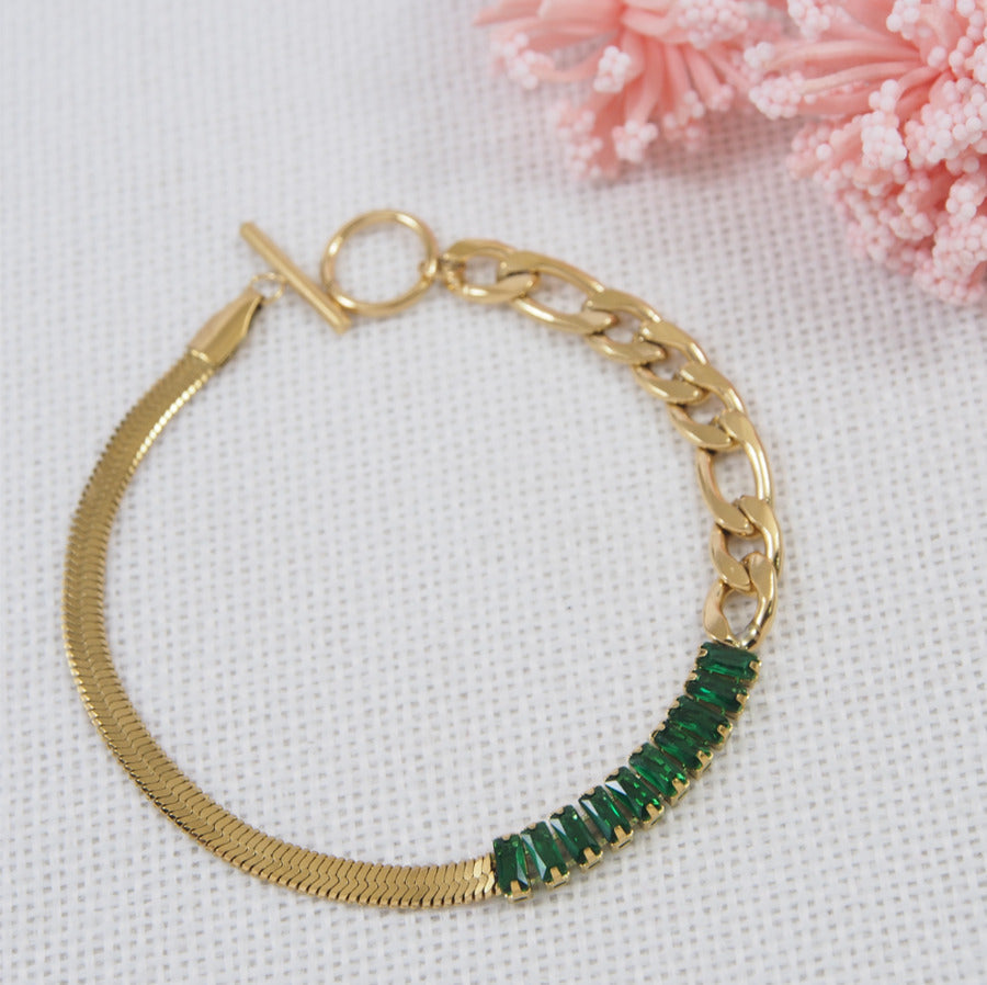 Stainless Steel Green Baguette Charm Bracelet