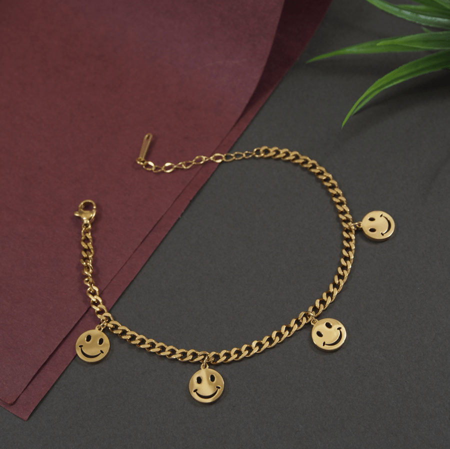 Stainless Steel Gold Plated Smiley Charm Bracelet