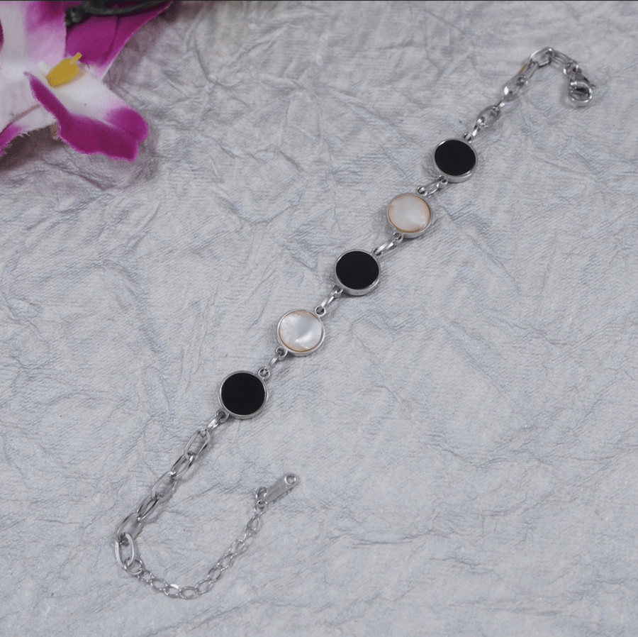 Stainless Steel Silver Plated White Black Disc Bracelet