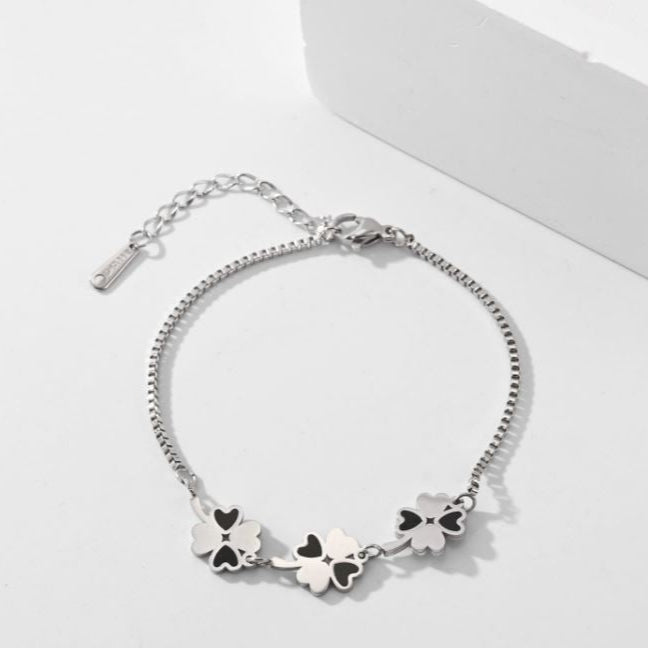 Stainless Steel Floral Link Enamel Silver Bracelet
