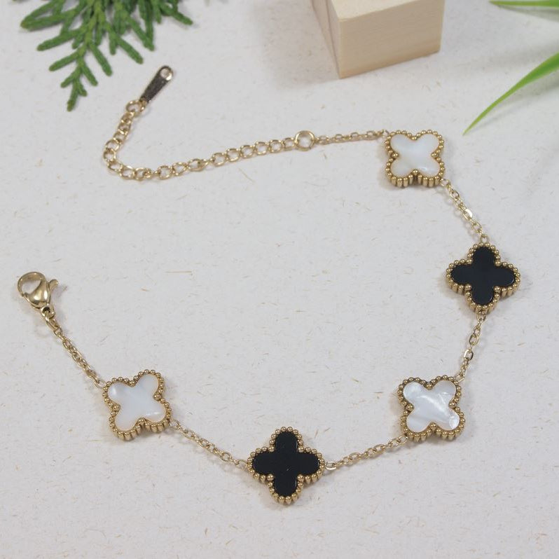Stainless Steel Black And White Clover Bracelet