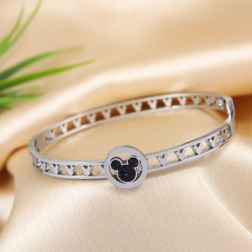 Stainless Steel Silver Plated Mickey Mouse Face Kada